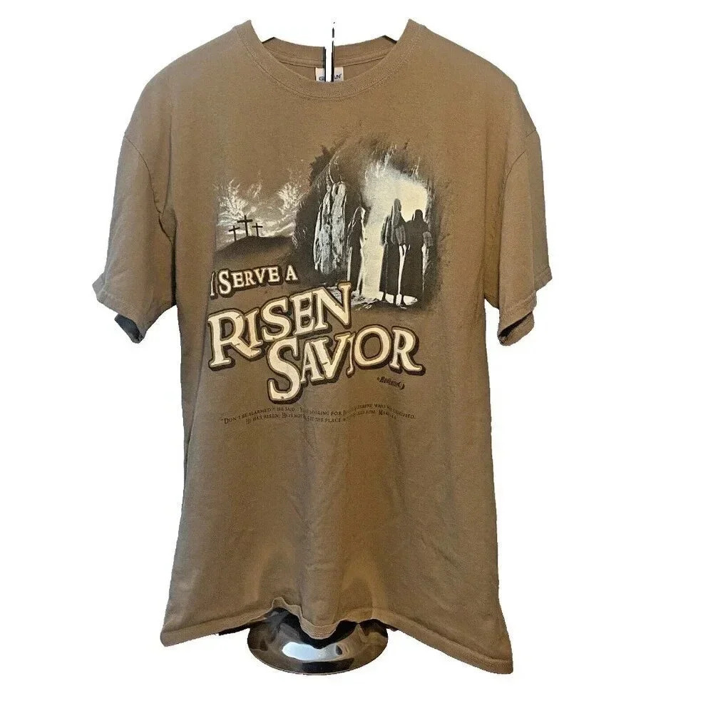 I Serve a Risen Savior Graphic Brown Short Sleeve Tee Shirt Size Lg